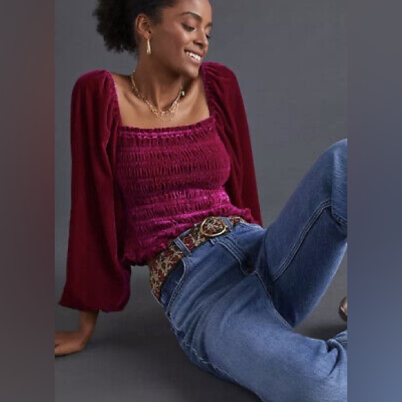 Anthropologie Tops - Anthropologie Puff Sleeve Velvet Blouse